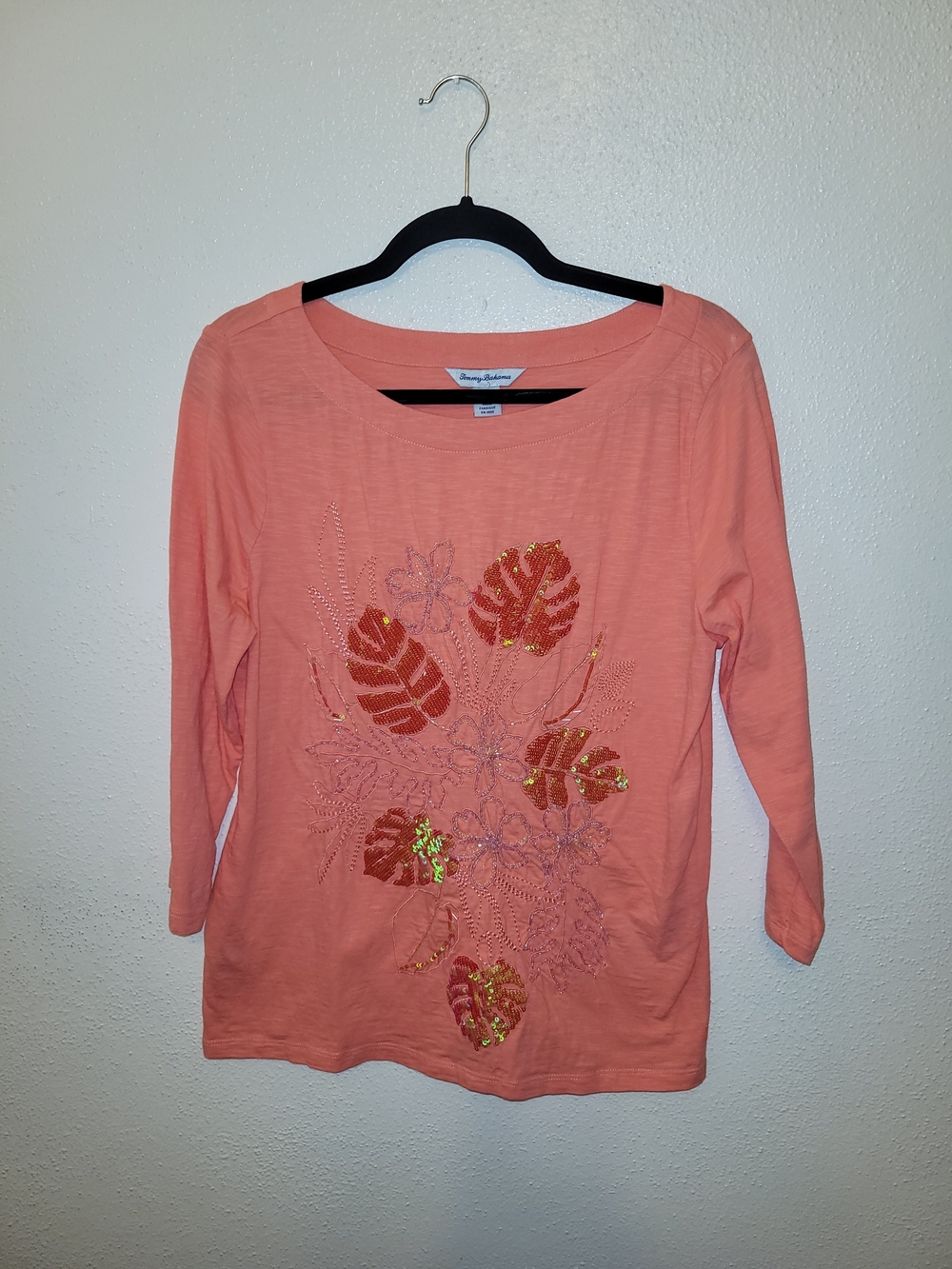 Tommy Bahama Coral Sequin Bouquet Boat Neck 3/4 Sleeve Top Medium